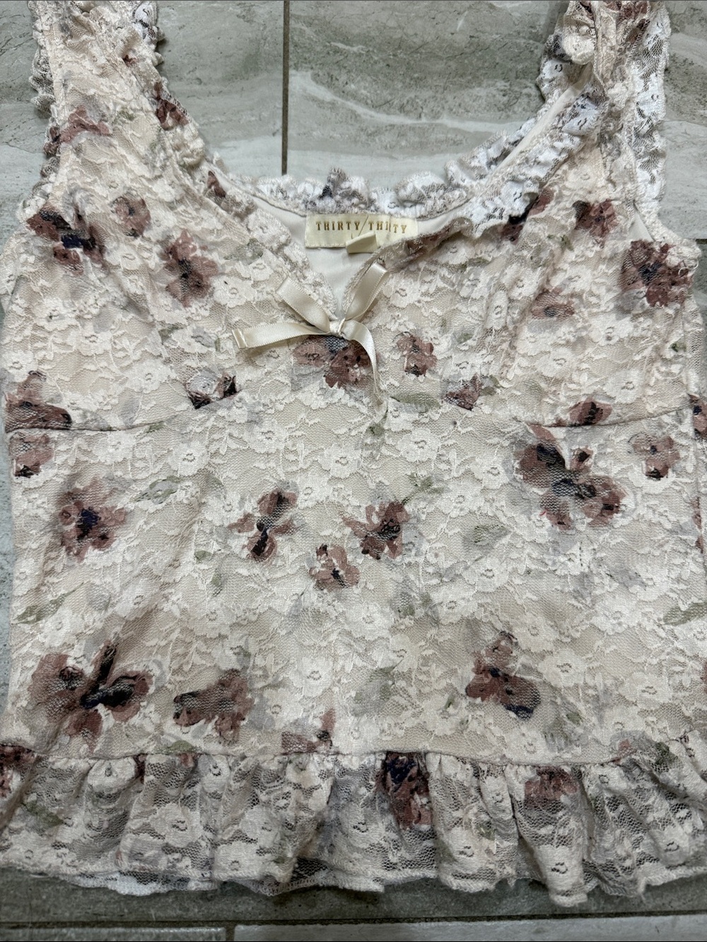 Lace Floral Ruffle Cami - Cream with Brown Floral - Picture 2 of 6